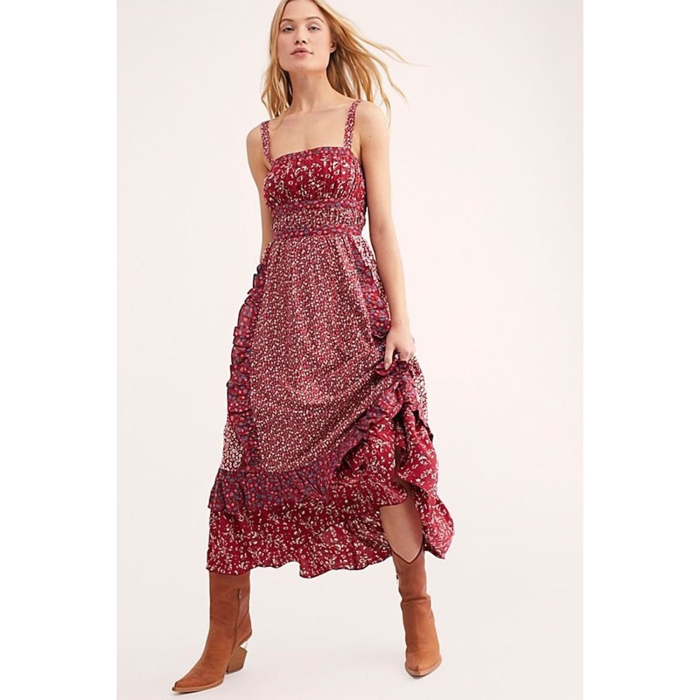 Free People Yesica Print Maxi Dress Red Smocked Bodice Ruffle Boho Festival